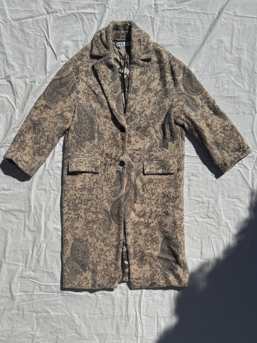 Zara Limited Edition Paisley Print Pattern Wool Blend Coat Oversized Peacoat